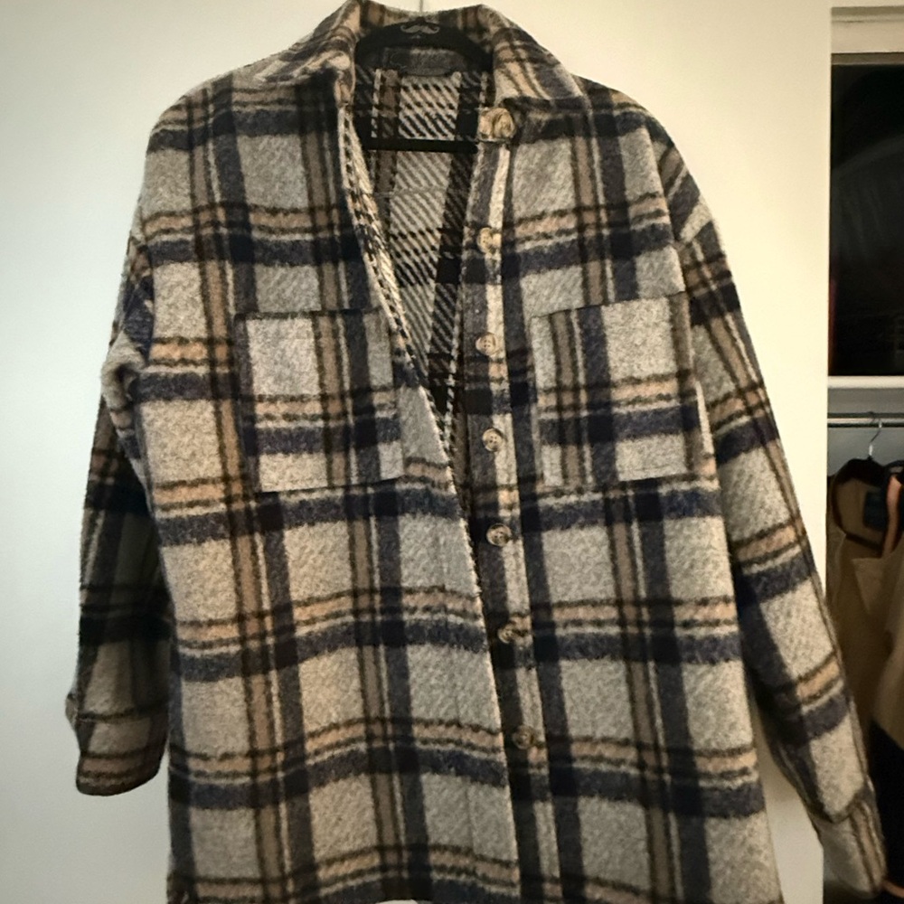 Bardot Shirt Jacket - blue/gray/tan flannel. Size M